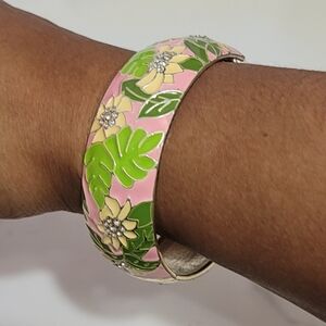 Variety Hawaiian Mixed Colored Cloisonne Enamel Hinged Silver Tone Bangle